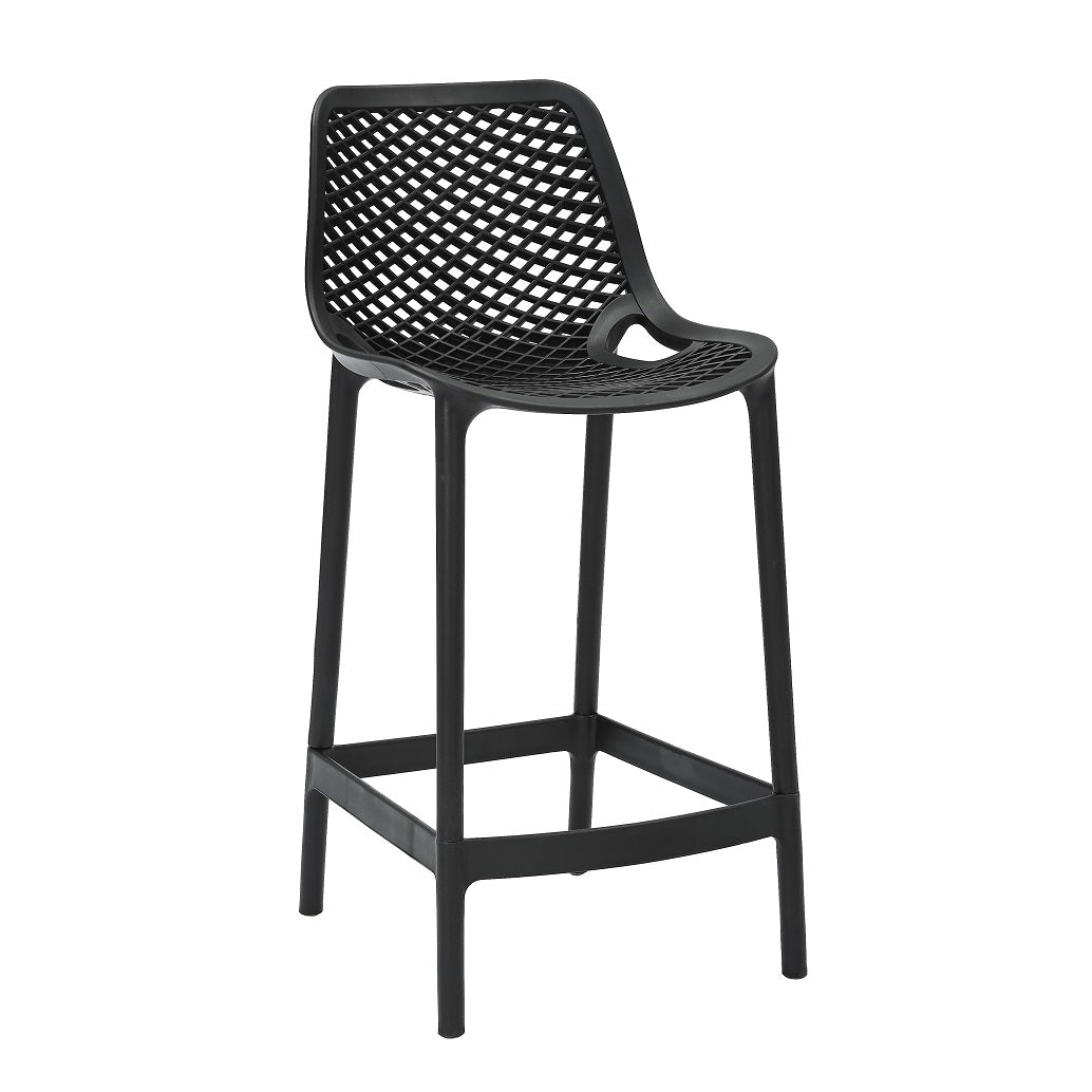 Rapidline Cast High Stool 650mm in black, front three quarter view, showing the lattice back and seat above four legs with a full footrest ring.