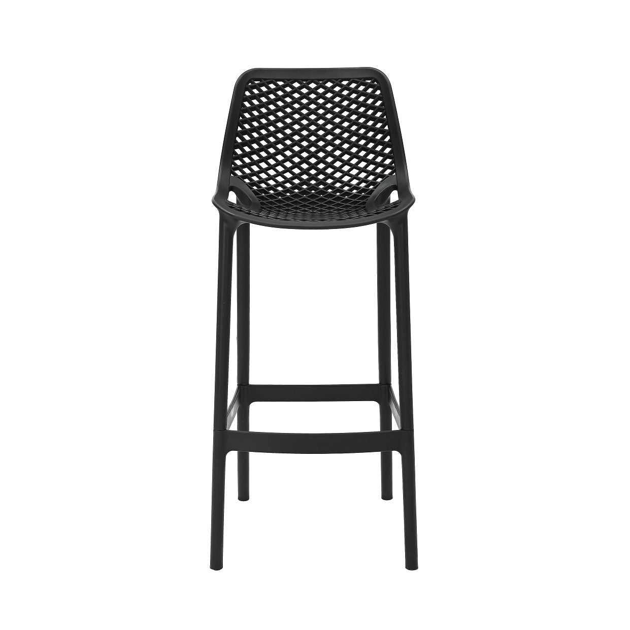 Rapidline Cast High Stool 750mm in black square from the front, showing the diamond lattice backrest above the footrest ring.