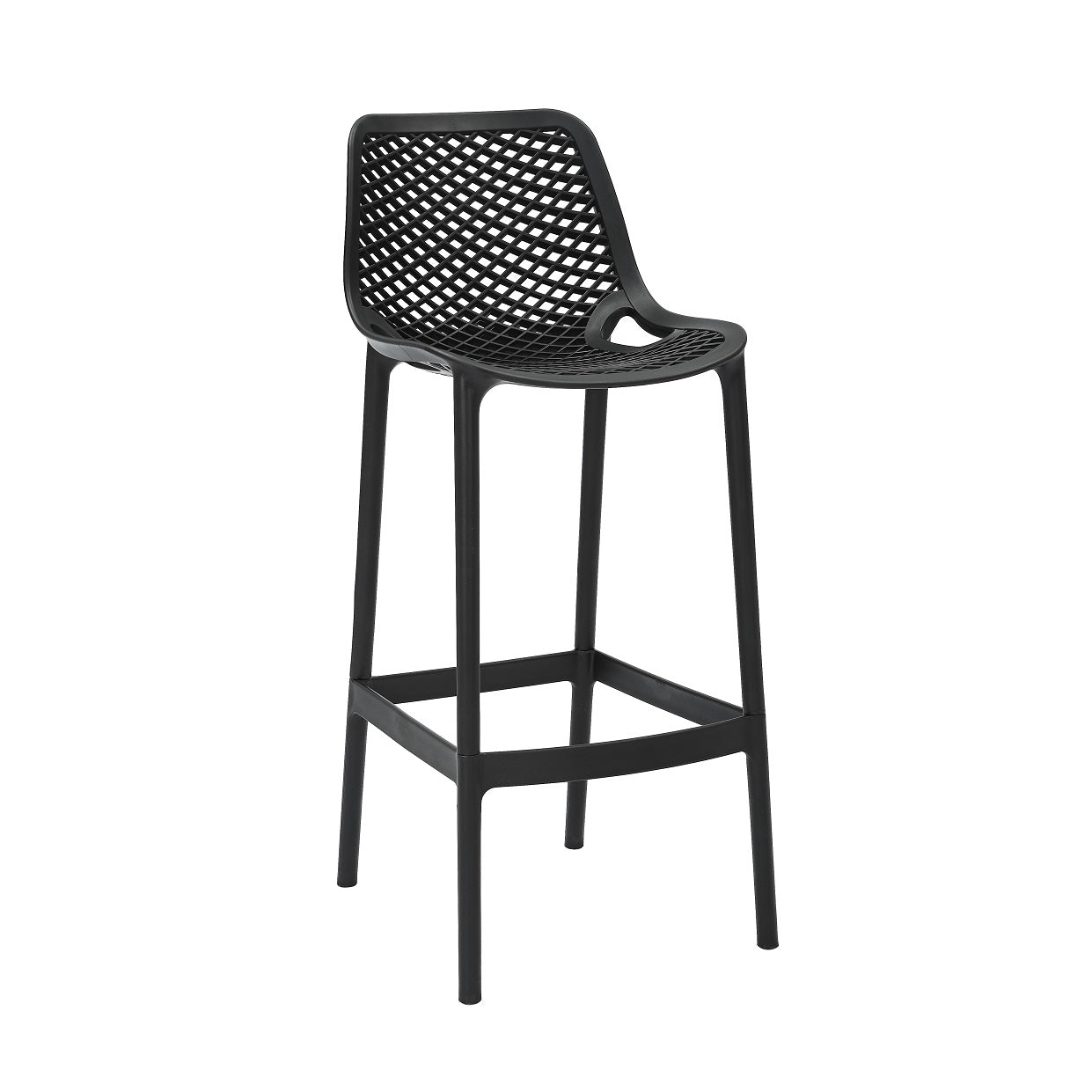Rapidline Cast High Stool 750mm in black, front three quarter view, showing the lattice back and seat above tall splayed legs with a footrest ring.