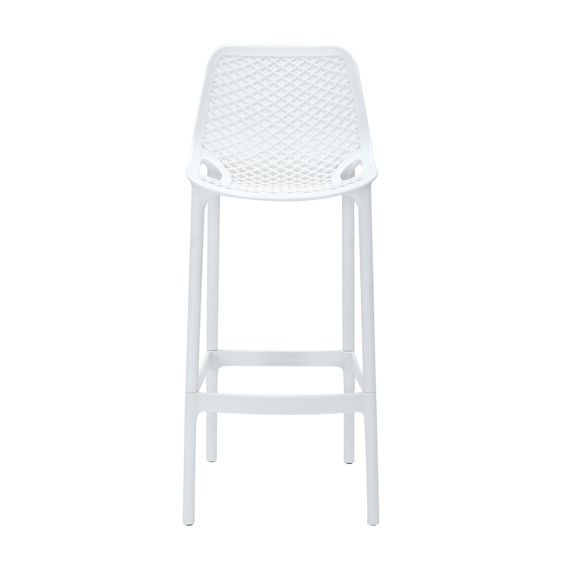Rapidline Cast High Stool 750mm in white square from the front, showing the diamond lattice backrest above the footrest ring.
