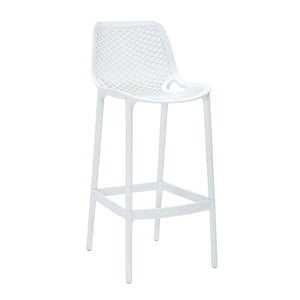 Rapidline Cast High Stool 750mm in white, front three quarter view, showing the lattice back and seat above tall splayed legs with a footrest ring.