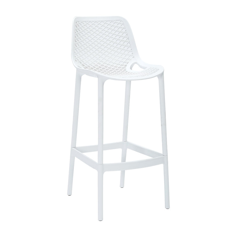 Rapidline Cast High Stool 750mm in white, front three quarter view, showing the lattice back and seat above tall splayed legs with a footrest ring.