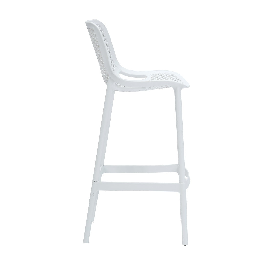 Rapidline Cast High Stool 750mm in white in side profile, showing the 750mm bar height seat and the leg splay.