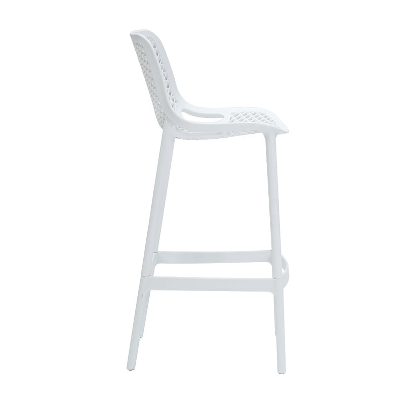 Rapidline Cast High Stool 750mm in white in side profile, showing the 750mm bar height seat and the leg splay.