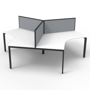 Rapidline Deluxe Infinity 120 degree three person workstation with Natural White tops on a black frame and grey fabric screens, viewed from the front