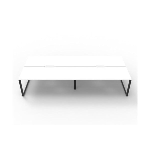 Rapidline Deluxe Infinity 4 person back to back workstation in Natural White with Black Satin loop legs, low front view along the run