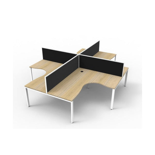 Four person Rapidline Deluxe Rapid Infinity profile leg corner pod rendered on white, natural oak worksurfaces on white satin legs with black fabric desk mounted screens