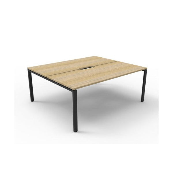 Rapidline Deluxe Infinity back to back two person workstation with Natural Oak tops on a Black Satin base, three quarter view from the front