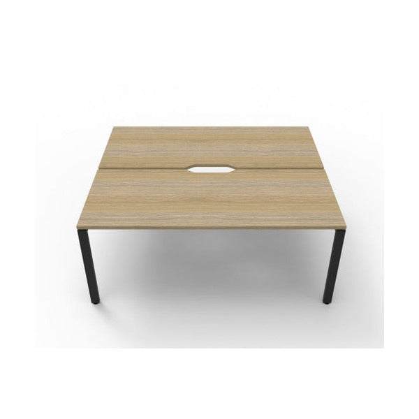 Rapidline Deluxe Infinity back to back two person workstation with Natural Oak tops on a Black Satin base, front view looking across both desks