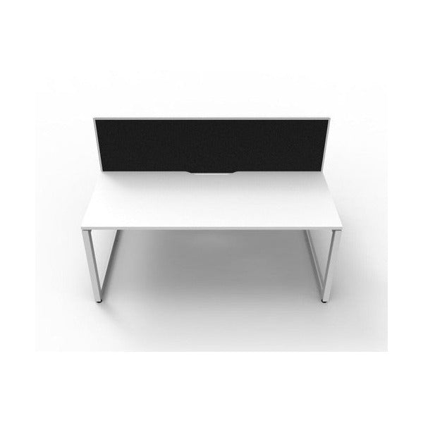 Rapidline Deluxe Infinity back to back 2 person loop leg workstation, Natural White top on White Satin base, with black fabric dividing screen, straight front view