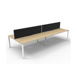 Three-quarter view of the Rapidline Deluxe Infinity Back to Back 4 Person Workstation with Natural Oak top, White Satin base and black fabric screens
