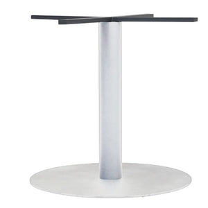 Rapidline Estilo disc base table frame in white satin with a round disc foot, single column and cross-arm top supports, frame only on a white background