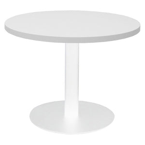 Rapidline Estilo round coffee table with Natural White top on a white powdercoat flat disc base, photographed on a white background