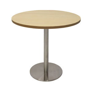 Rapidline Estilo 900mm round table with a natural oak top on a stainless steel column and flat disc base, viewed from slightly above