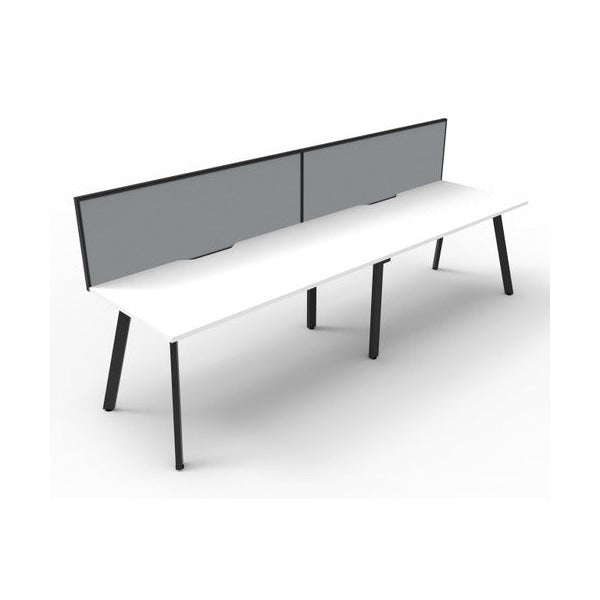 Product image of the Rapidline Eternity 2 person single sided workstation in natural white and black satin, with grey fabric screens, shown from a raised angle