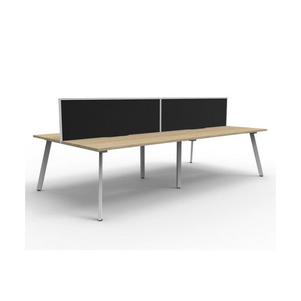 Second angled view of the Rapidline Eternity 4 person back to back workstation in Natural Oak and White Satin with Black fabric SHUSH30 screens