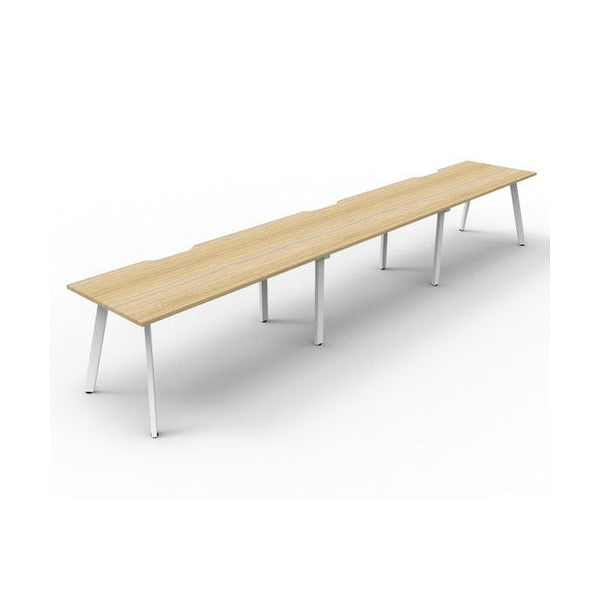 Product image of the Rapidline Eternity 3 person single sided workstation in natural oak and white satin, shown from a raised angle