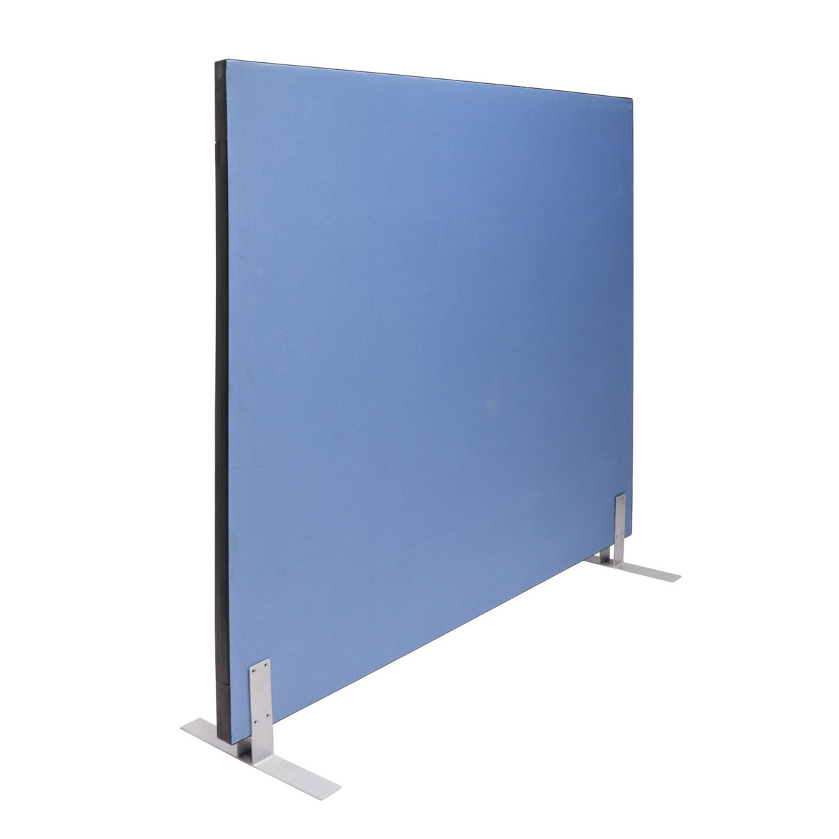 Rapidline free standing acoustic screen 1500 x 1500mm in blue upholstery, viewed from the other side with both silver feet visible