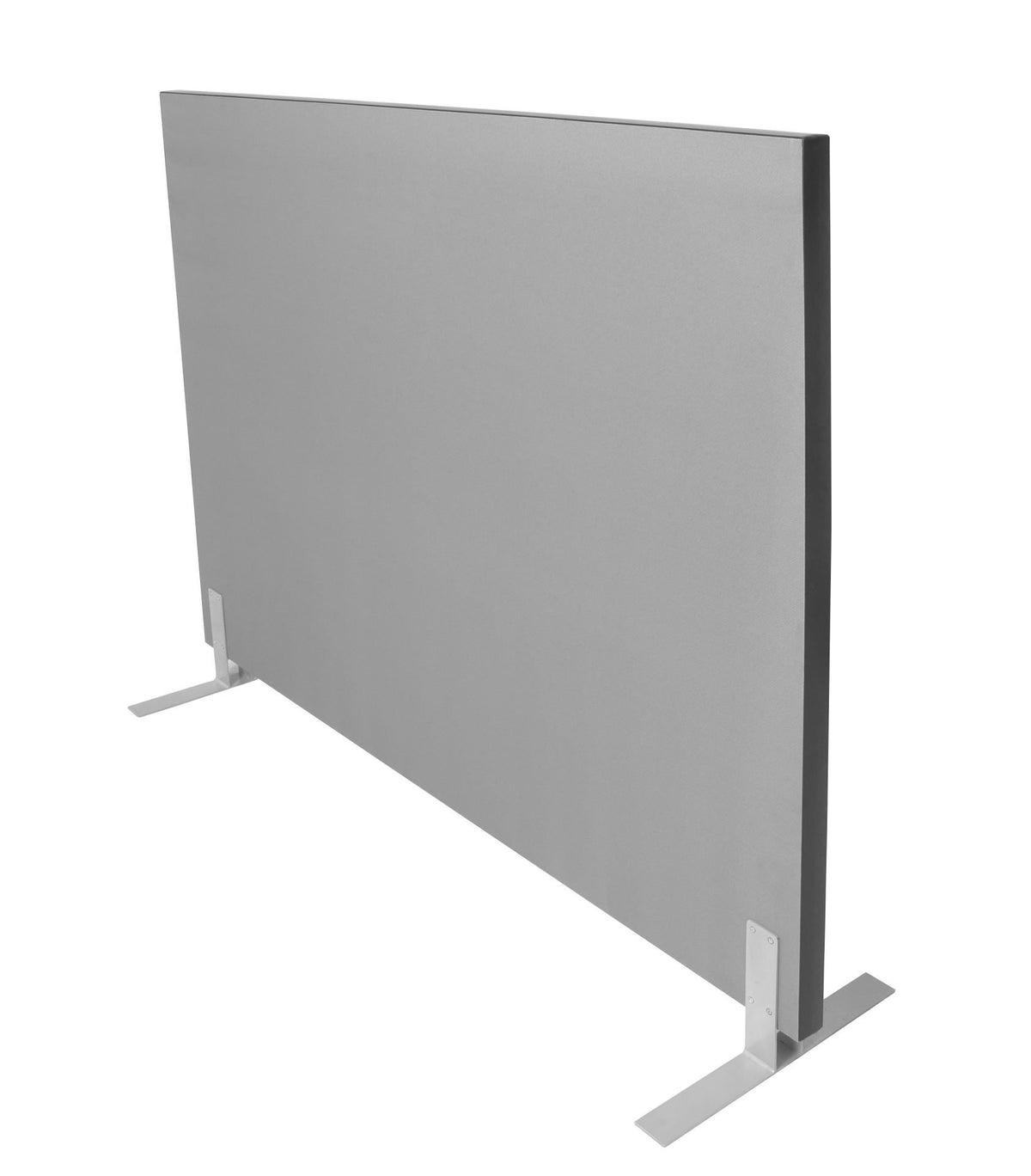 Rapidline free standing acoustic screen in grey upholstery, viewed from the opposite angle to show the black edging and silver feet