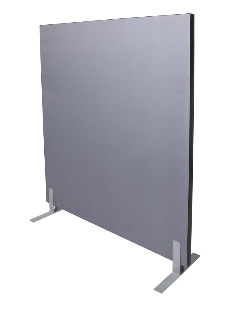 Rapidline free standing acoustic screen in grey upholstery, viewed from the opposite angle to show the black edging and silver feet