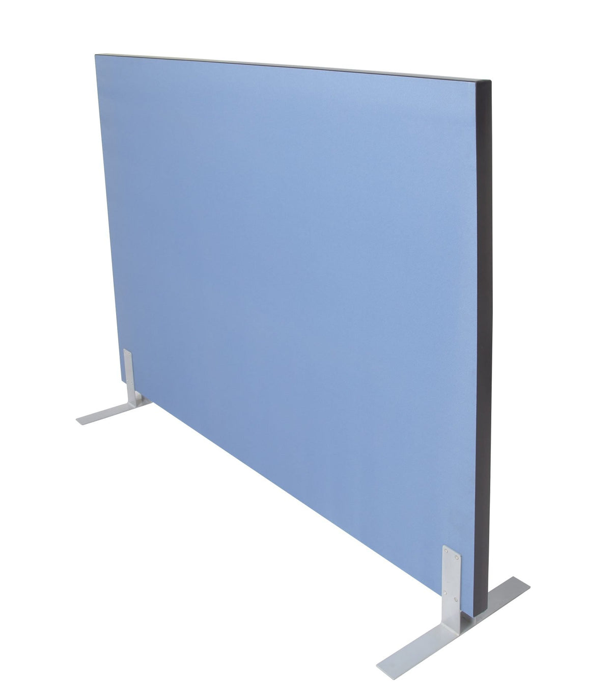 Rapidline free standing acoustic screen 1800 x 1800mm in blue upholstery, viewed from the other side with both silver feet visible