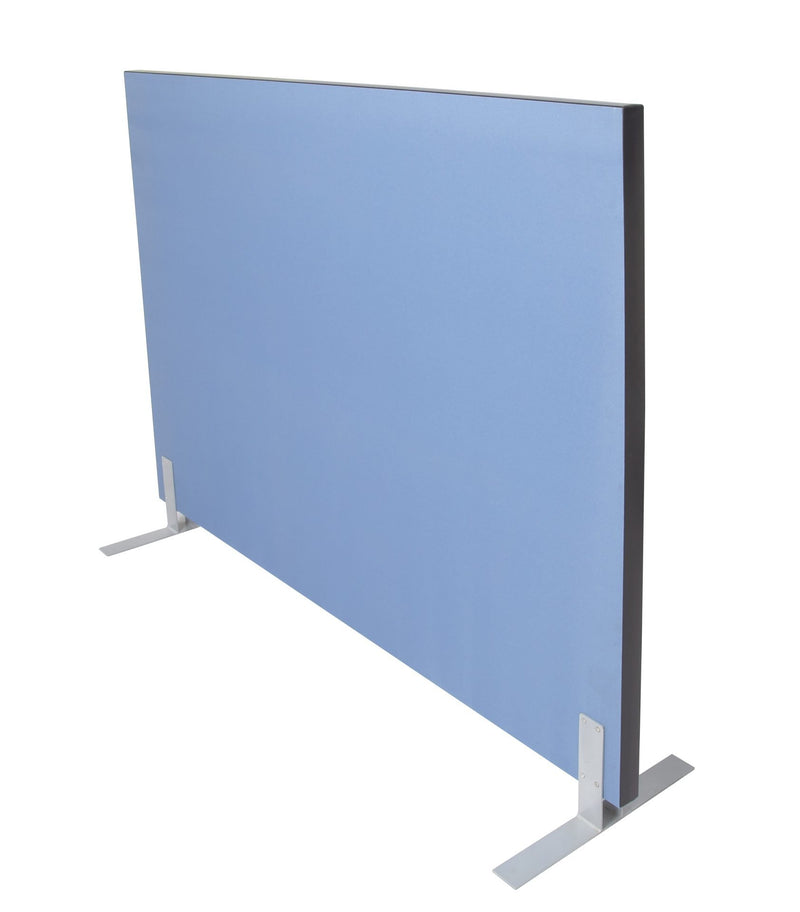 Rapidline free standing acoustic screen 1800 x 1800mm in blue upholstery, viewed from the other side with both silver feet visible