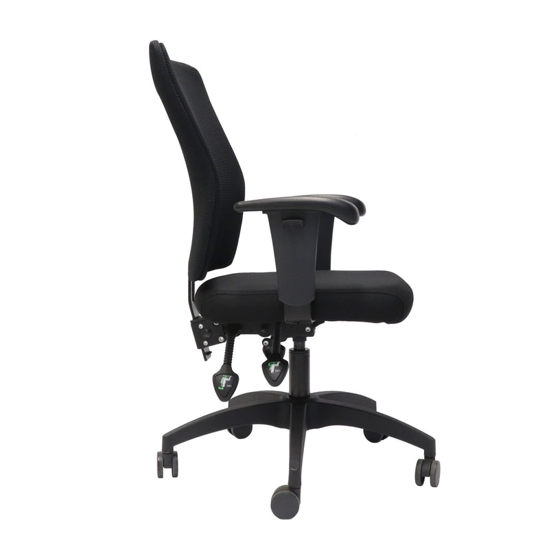 Rapidline AM100 mesh operator chair in black, side profile showing the back rest angle, adjustable arm and the levers under the seat