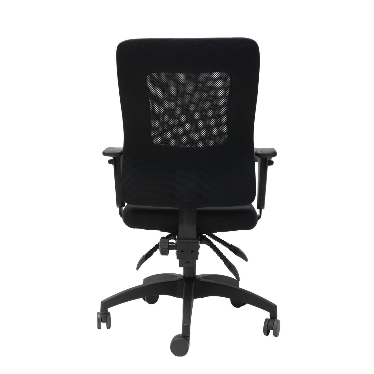 Rapidline AM100 mesh operator chair in black, rear view showing the mesh panel in the back rest and the black 5 star base on castors