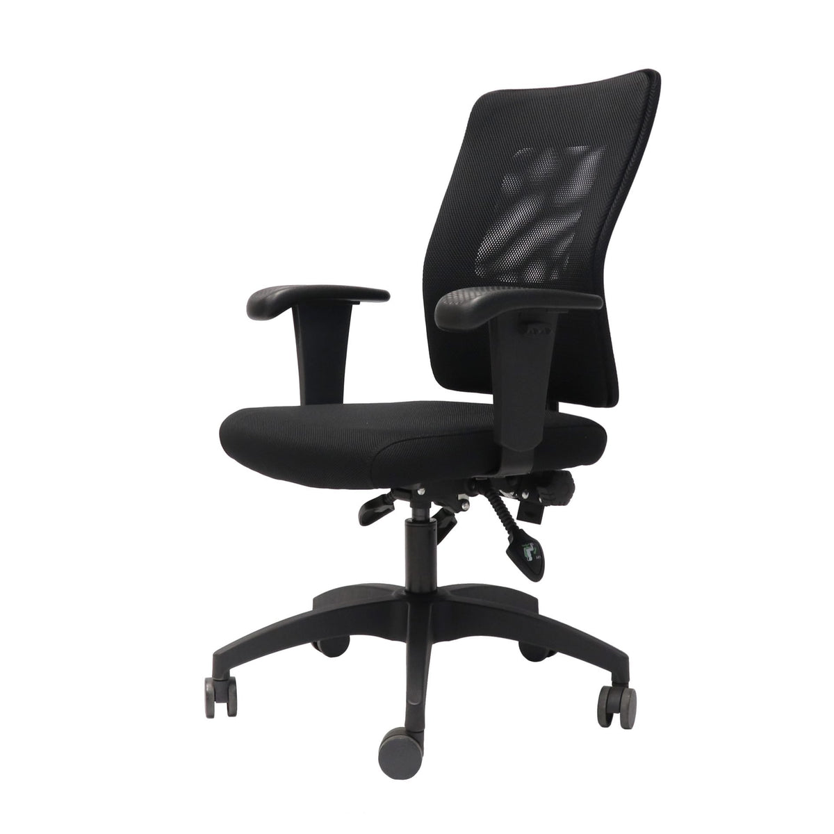 Rapidline AM100 mesh operator chair in black from the right front, showing the mesh back, fabric seat and adjustable arms