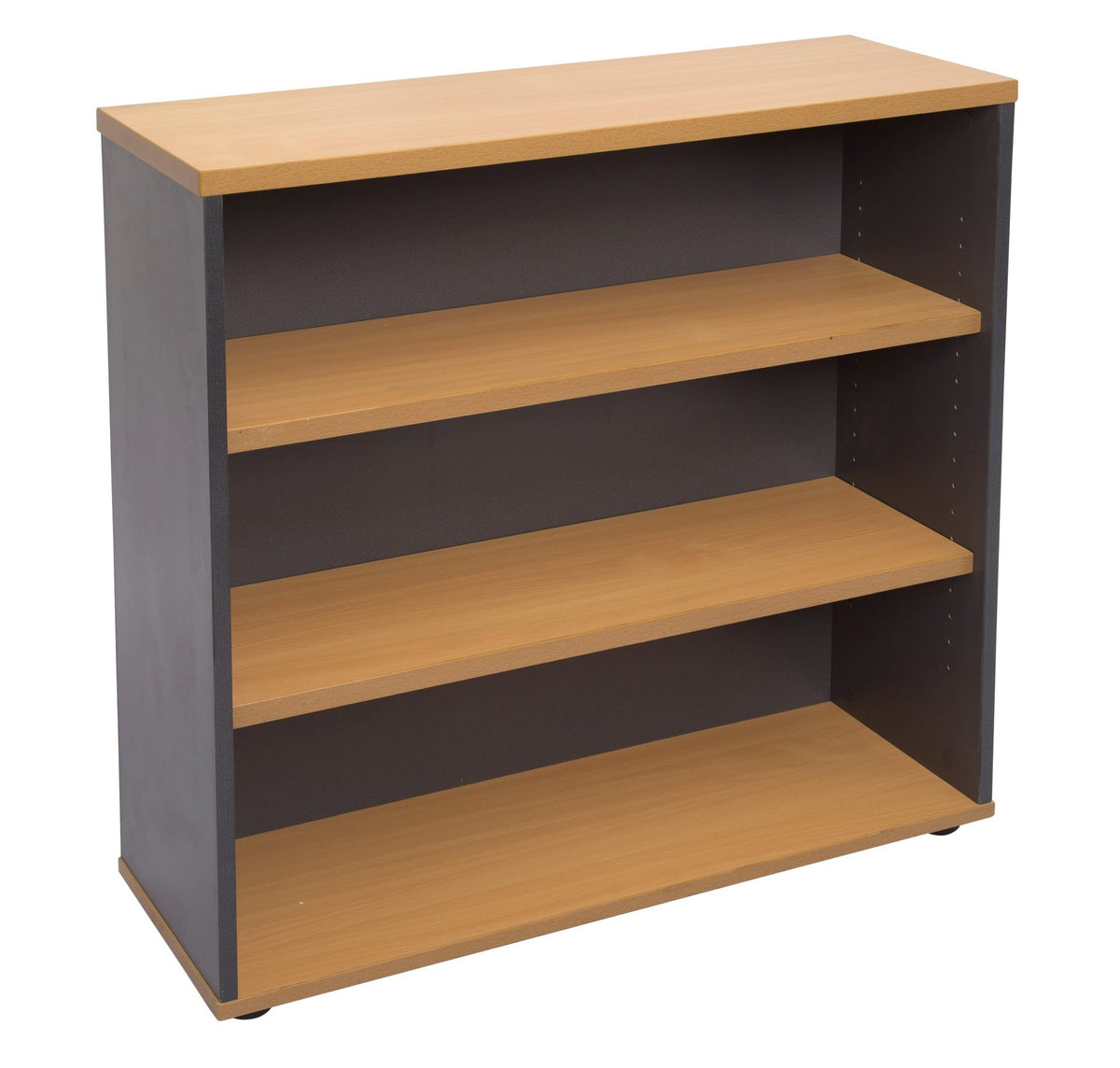 Rapidline Rapid Worker 900mm open bookcase in Beech and Ironstone photographed from a front corner angle.