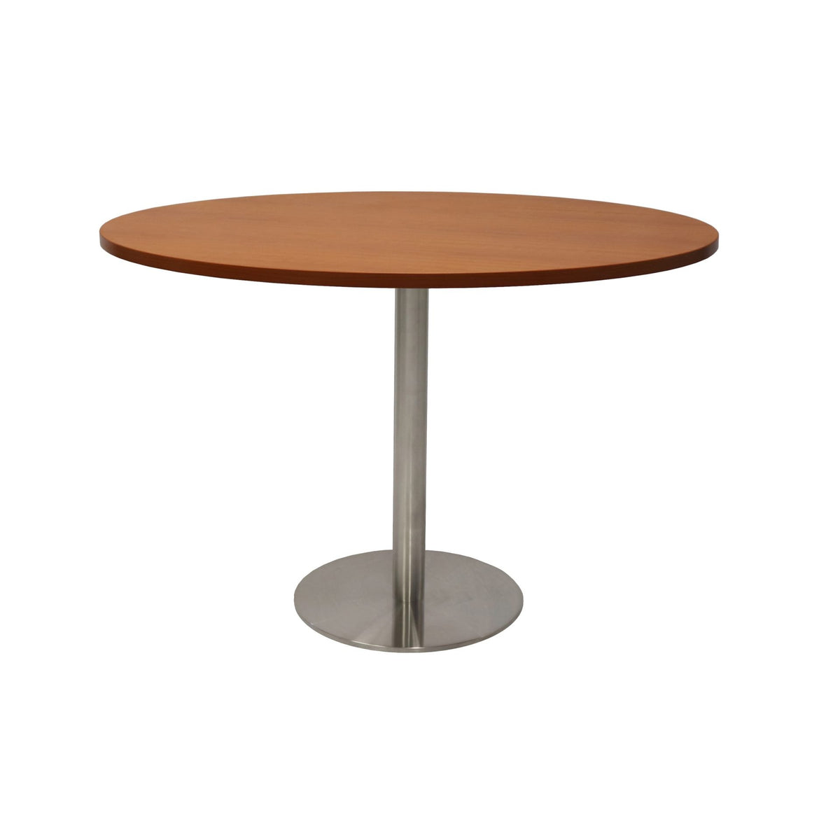 Front elevation of the Rapidline Estilo 1200mm round table in cherry with a stainless steel column and flat disc base on a white background