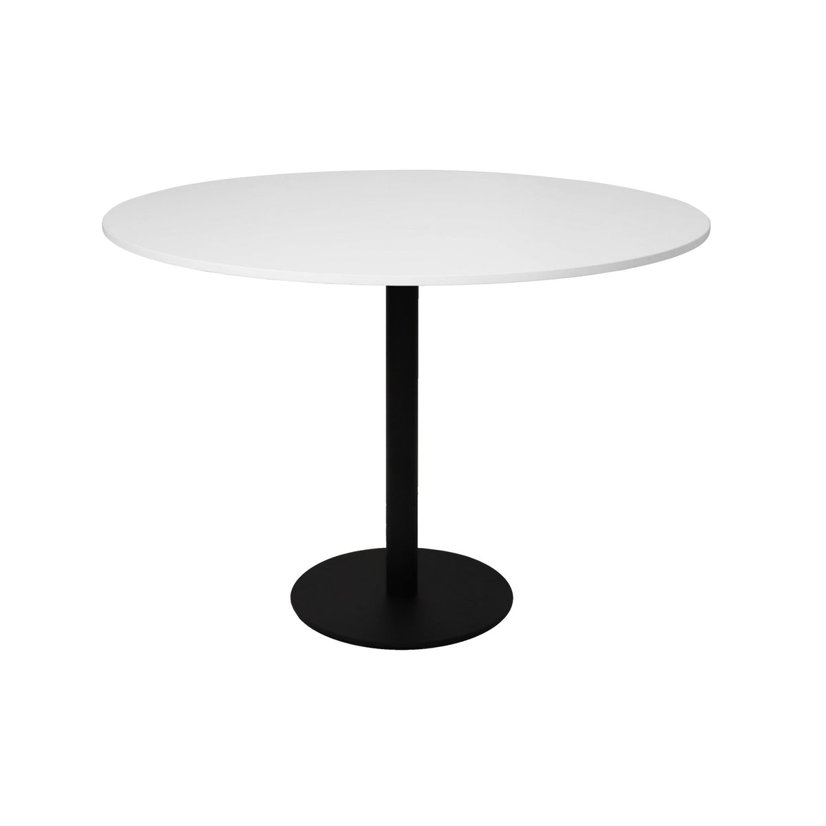Front elevation of the Rapidline Estilo 1200mm round table in natural white with a black column and flat disc base on a white background
