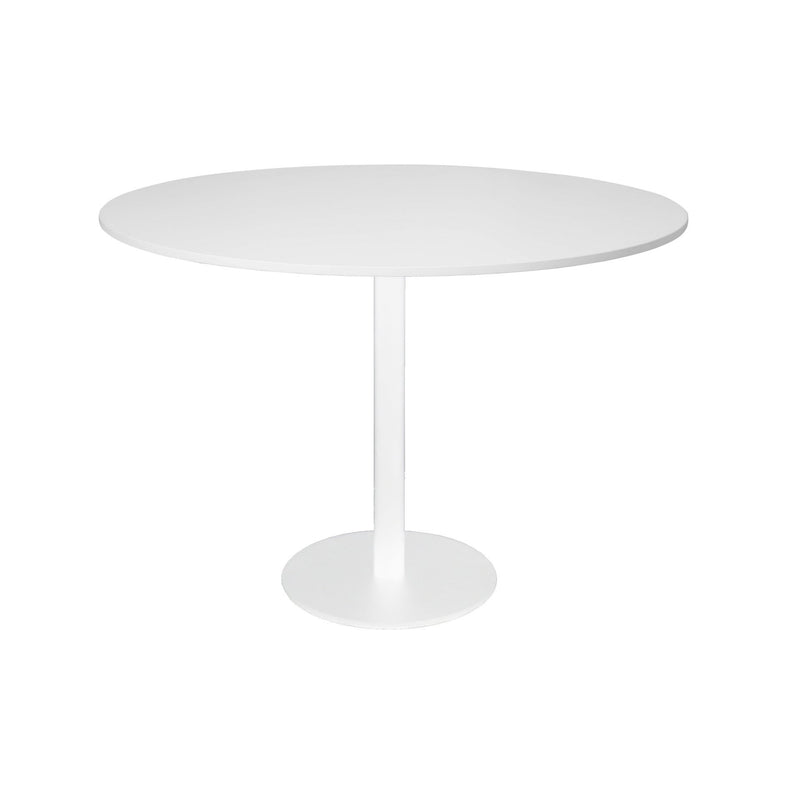 Front elevation of the Rapidline Estilo 1200mm round table in natural white with a white column and flat disc base on a white background