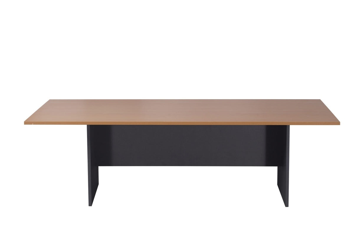 Rapidline Rapid Worker 2400 x 1200mm boardroom table in Beech / Ironstone: front view of the beech top on the ironstone panel base, showing the full length and modesty panel