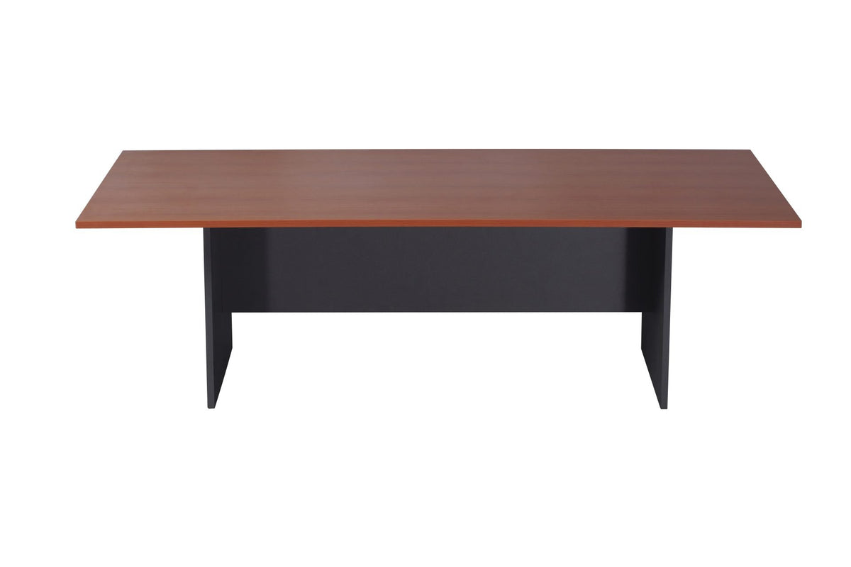 Rapidline Rapid Worker 2400 x 1200mm boardroom table in Cherry / Ironstone: front view of the cherry top on the ironstone panel base, showing the full length and modesty panel