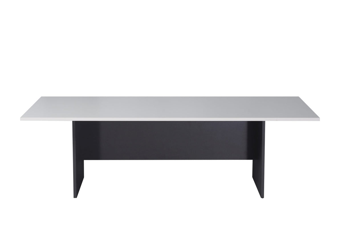 Rapidline Rapid Worker 2400 x 1200mm boardroom table in Natural White / Ironstone: front view of the natural white top on the ironstone panel base, showing the full length