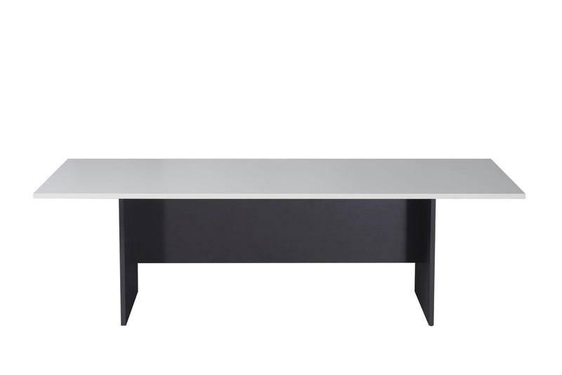 Rapidline Rapid Worker 2400 x 1200mm boardroom table in Natural White / Ironstone: front view of the natural white top on the ironstone panel base, showing the full length