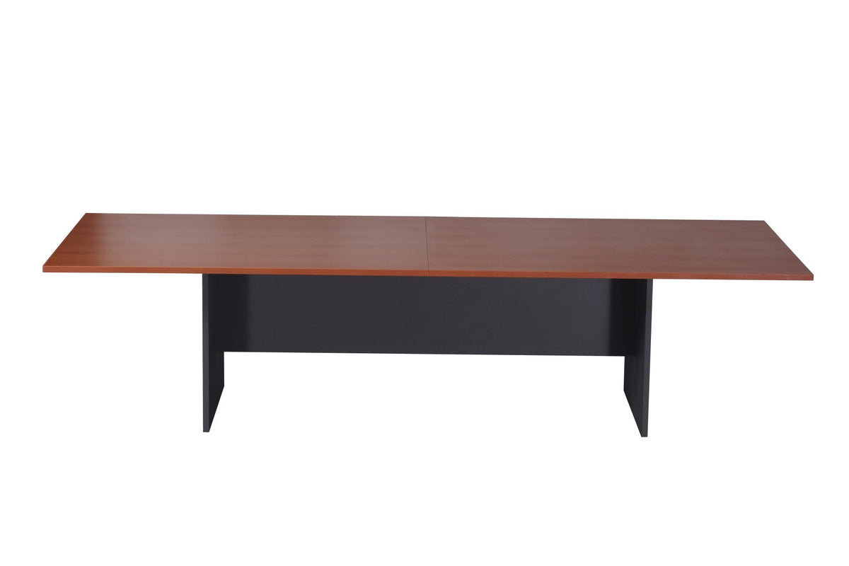 Rapidline Rapid Worker 3200 x 1200mm boardroom table in Cherry / Ironstone: front view showing the two piece cherry top meeting at the centre over the ironstone panel base