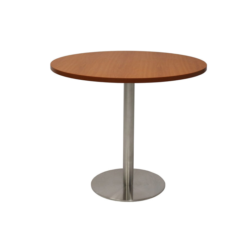 Front elevation of the Rapidline Estilo 900mm round table in cherry with a stainless steel column and flat disc base on a white background