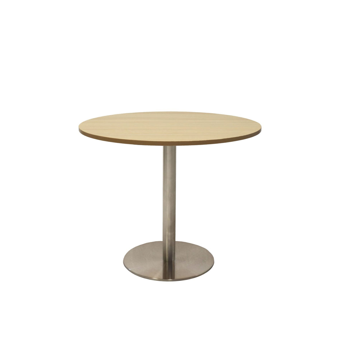 Front elevation of the Rapidline Estilo 900mm round table in natural oak with a stainless steel column and flat disc base on a white background