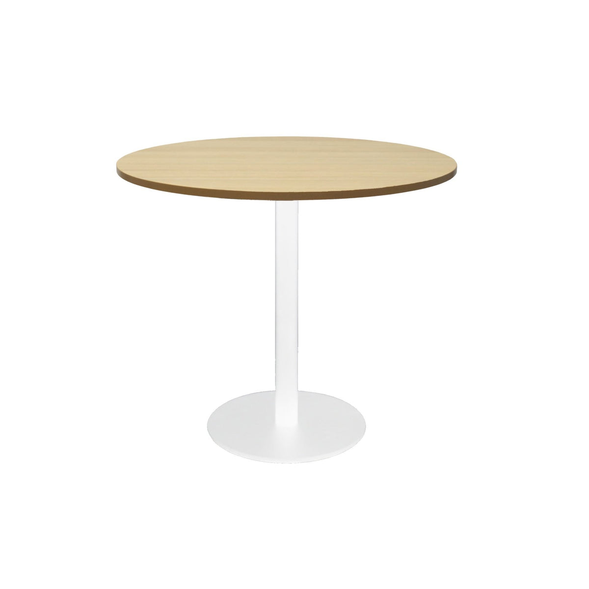Front elevation of the Rapidline Estilo 900mm round table in natural oak with a white column and flat disc base on a white background