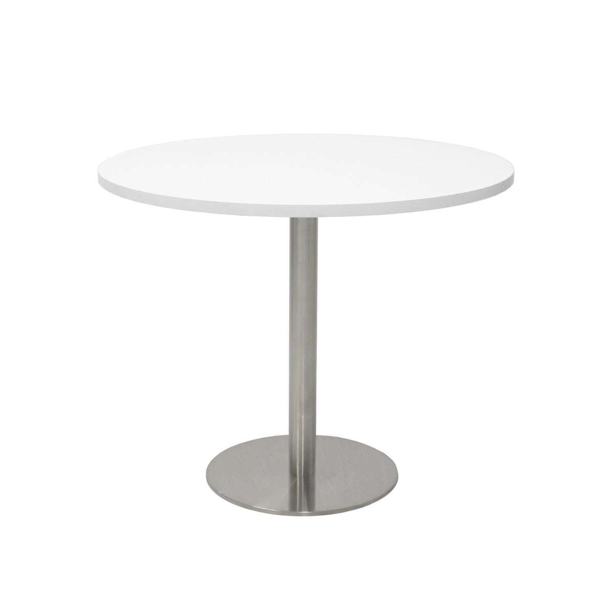Front elevation of the Rapidline Estilo 900mm round table in natural white with a stainless steel column and flat disc base on a white background