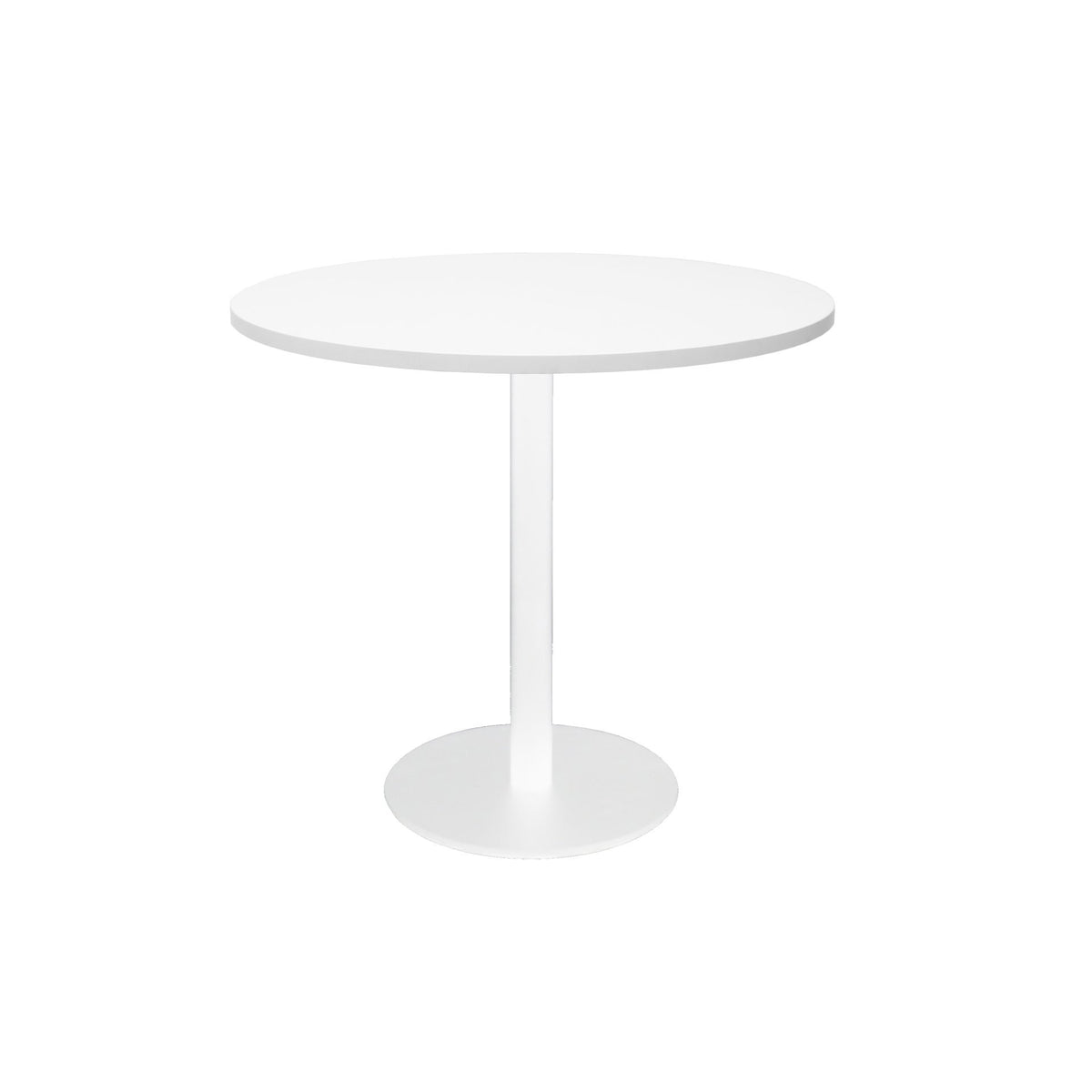 Front elevation of the Rapidline Estilo 900mm round table in natural white with a white column and flat disc base on a white background