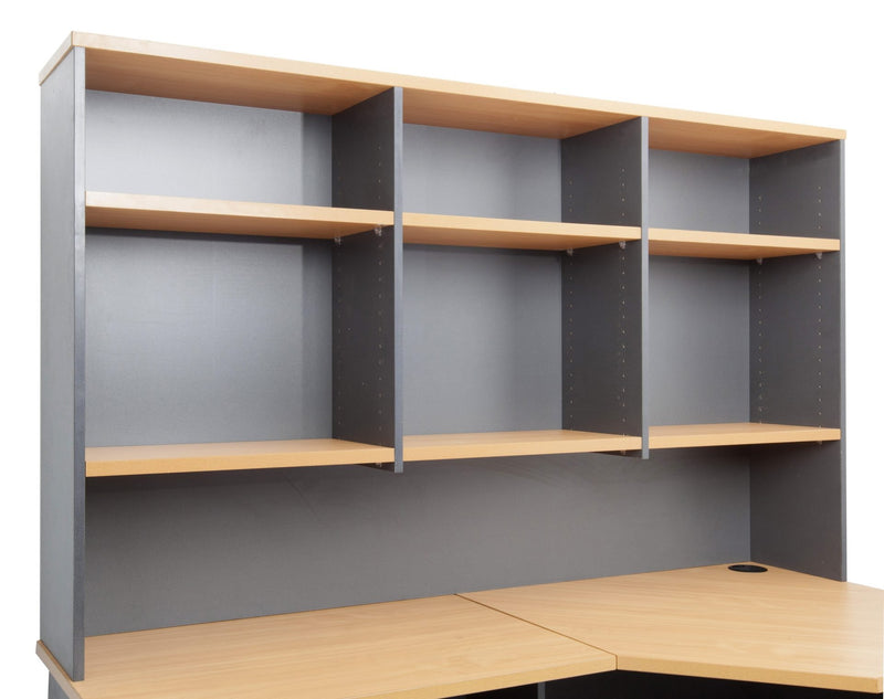 Rapidline Rapid Worker hutch in Beech and Ironstone photographed on a desk, showing the adjustable shelves and the open space beneath.