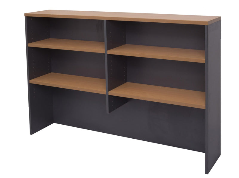 Rapidline Rapid Worker hutch in Beech and Ironstone photographed at a front angle, showing the shelf bays.
