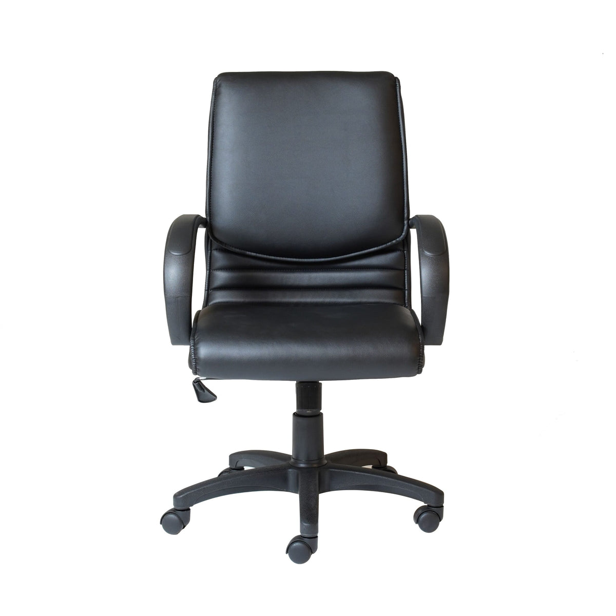 Front view of the Rapidline CL610 medium back chair in black PU with fixed black loop arms on a 5 star base.