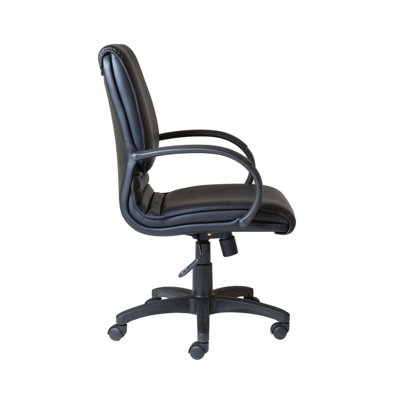 Side profile of the Rapidline CL610 chair in black PU showing the back angle and fixed loop arm.