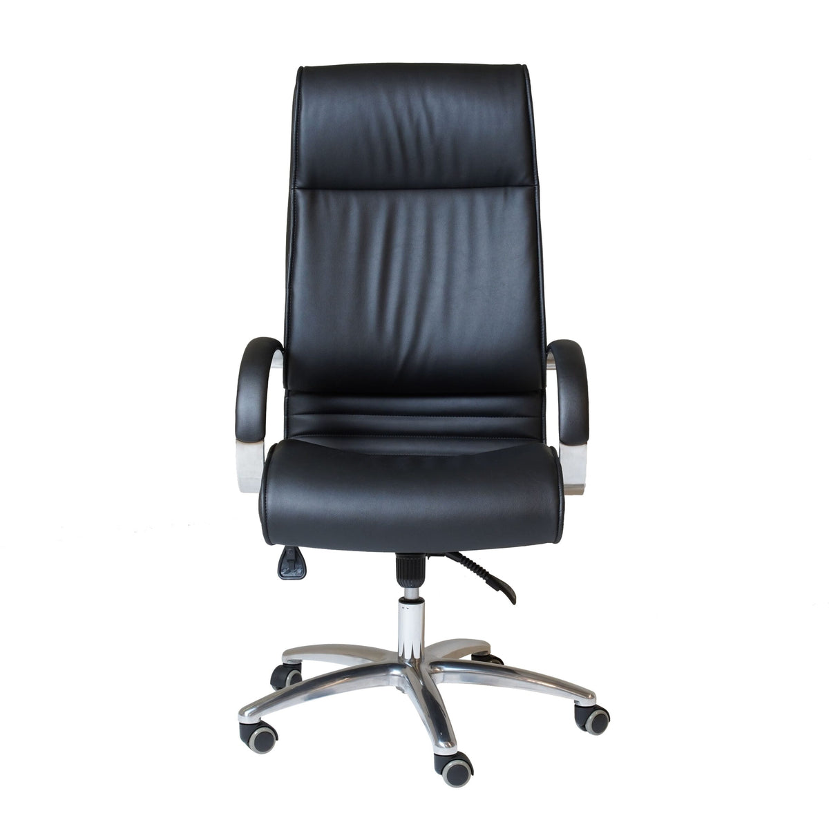 Front view of the Rapidline CL820 executive chair in black PU with chrome loop arms and chrome 5 star base.