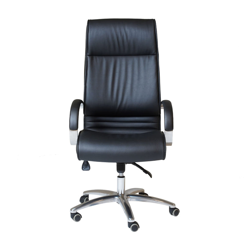 Front view of the Rapidline CL820 executive chair in black PU with chrome loop arms and chrome 5 star base.