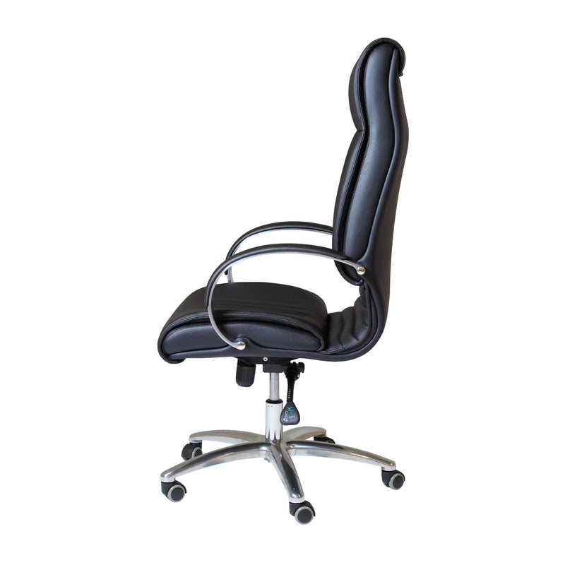 Side profile of the Rapidline CL820 executive chair showing the back angle, padded arm and seat depth.